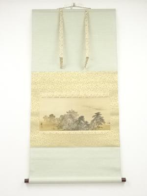 塩川文麟筆　湖岸楼閣　肉筆絹本掛軸（保護箱）